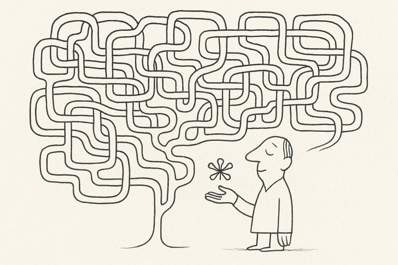 A person facing a tangle of branching paths that loop back on themselves, pausing with a gentle smile as a small spinner icon steadies their choice.